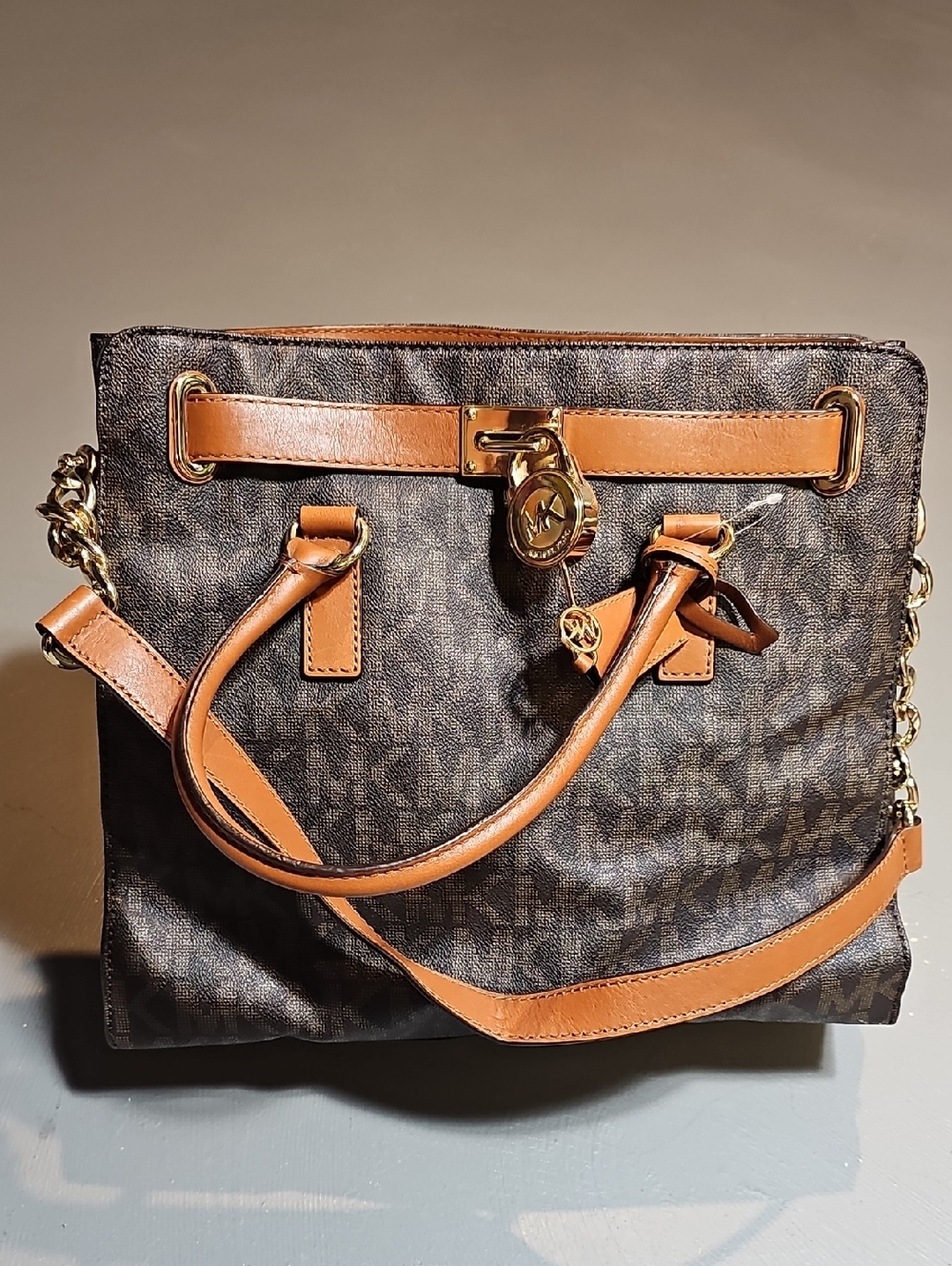 Michael Kors EUC Hamilton Large Logo Tote Handbag Brown & Black